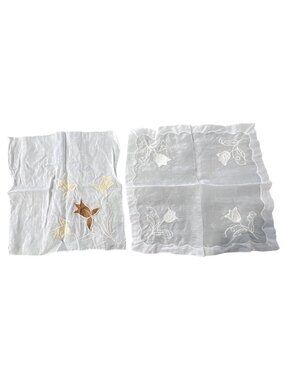 Vintage Handkerchief Floral Embroidered Lot of 2 Scarf White Lightweight Hippie